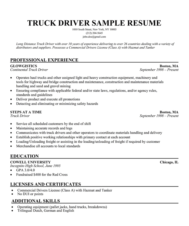 Sample truck drivers resume
